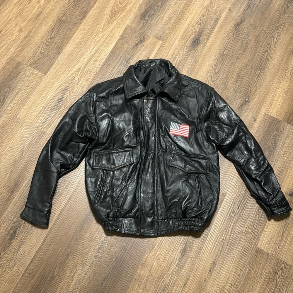Vtg Eagle Leather Jacket Embroidery Motorcycle Zip up “ god bless‎ America” L